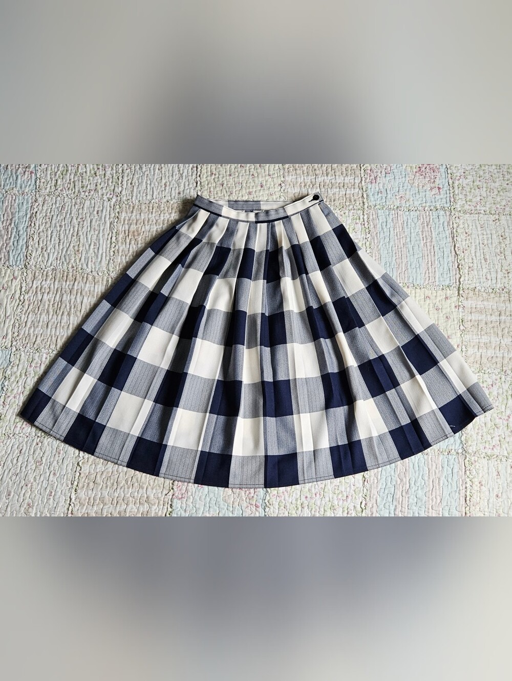 Vintage Plaid Navy & Cream Pleated Midi Skirt